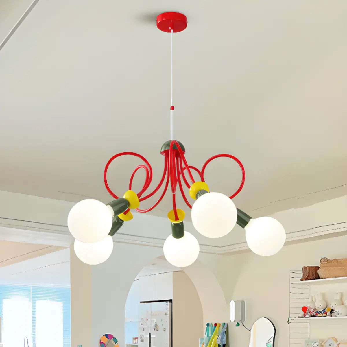 Curve Line Ball Red Adjustable Height Kids Room Chandelier Image - 3