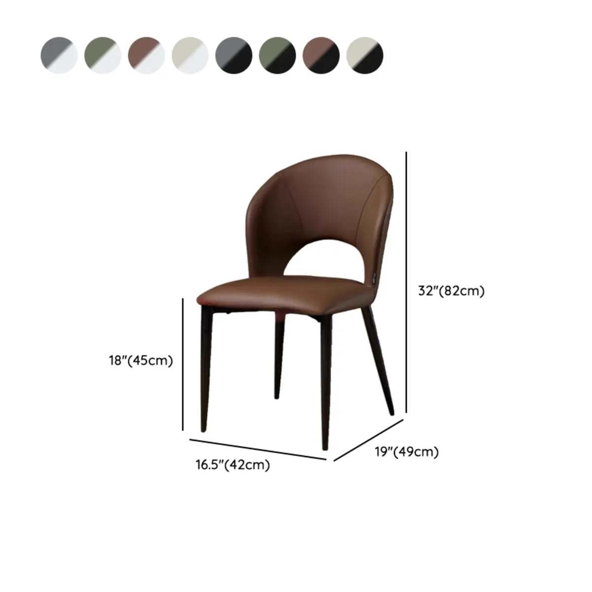 Curved Back Faux Leather Metal Legs Dining Chair Brown 