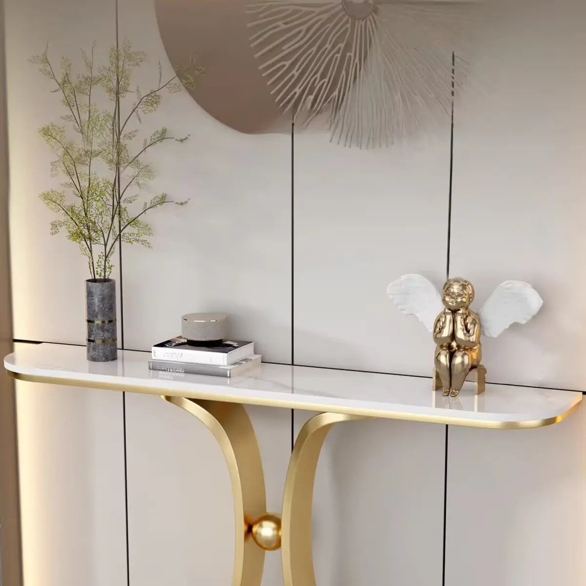 Curved Base Marble Gold Half-circle Display Console Table Image - 14