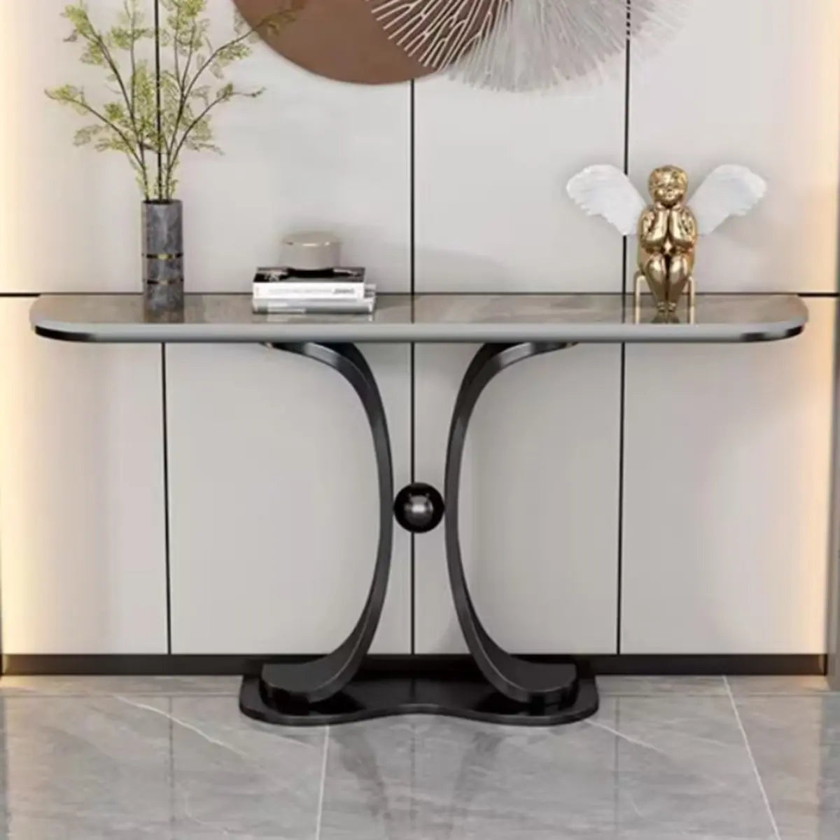 Curved Base Marble Gold Half-circle Display Console Table Image - 6