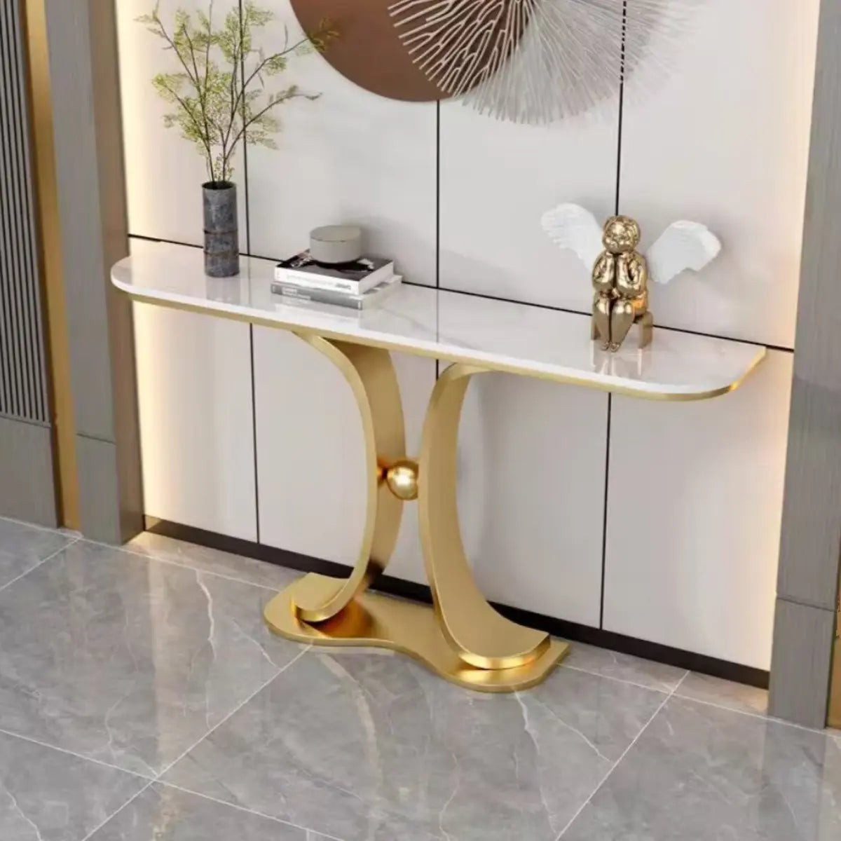 Curved Base Marble Gold Half-circle Display Console Table Image - 8