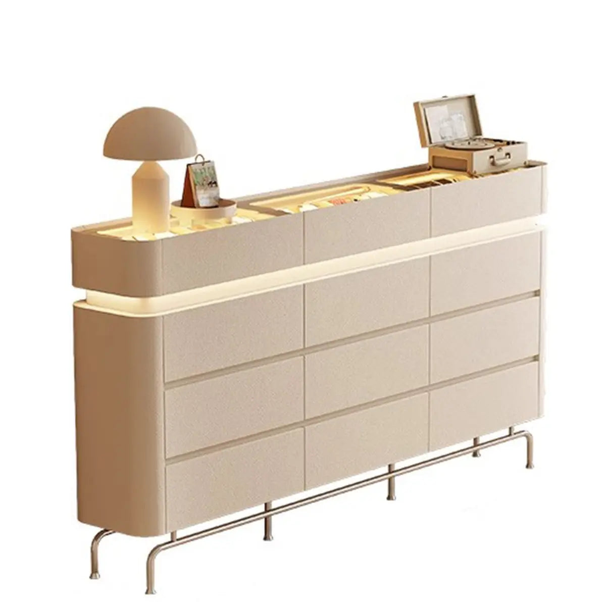 Curved Composite Wood Cream Lighted Horizontal Dresser Image - 15