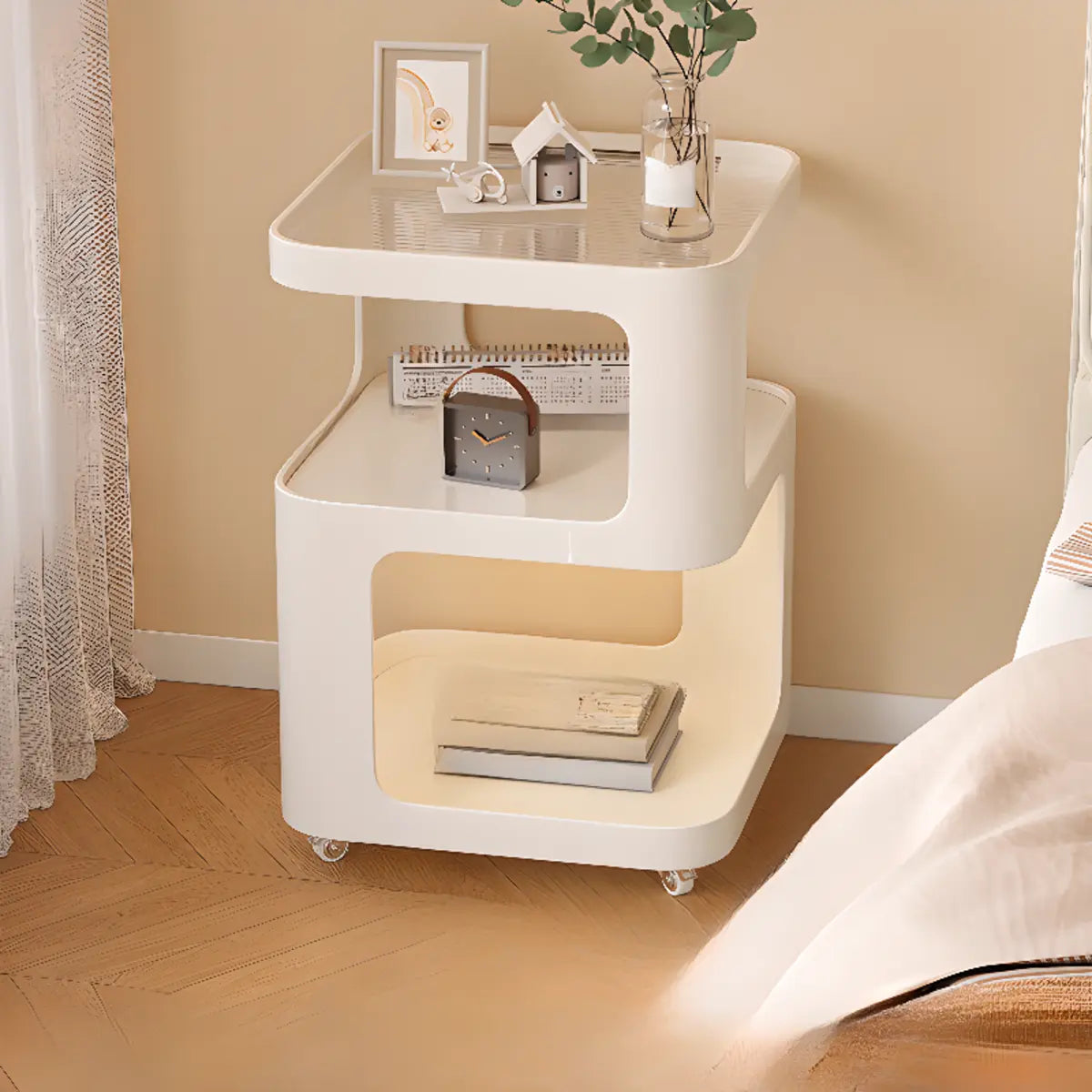 Curved Glass White Rolling Storage Nightstand with Shelves Image - 2