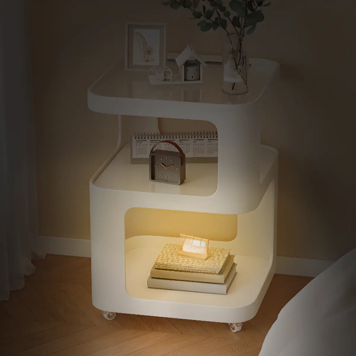 Curved Glass White Rolling Storage Nightstand with Shelves Image - 8