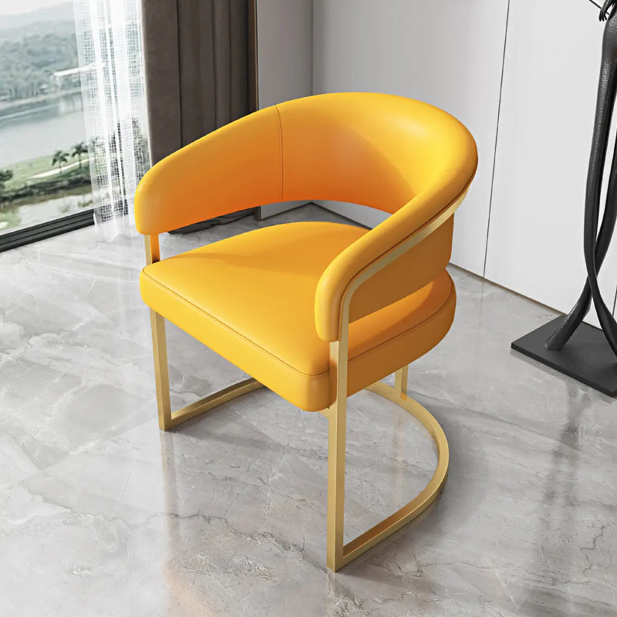 Curved Leather Arm Chair Metal Dining Chair Yellow Image - 1