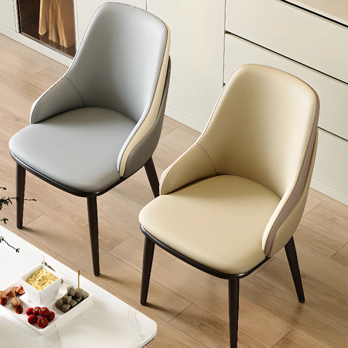 Curved Leather Cushion Armrest Dining Chair Off-White Image - 4