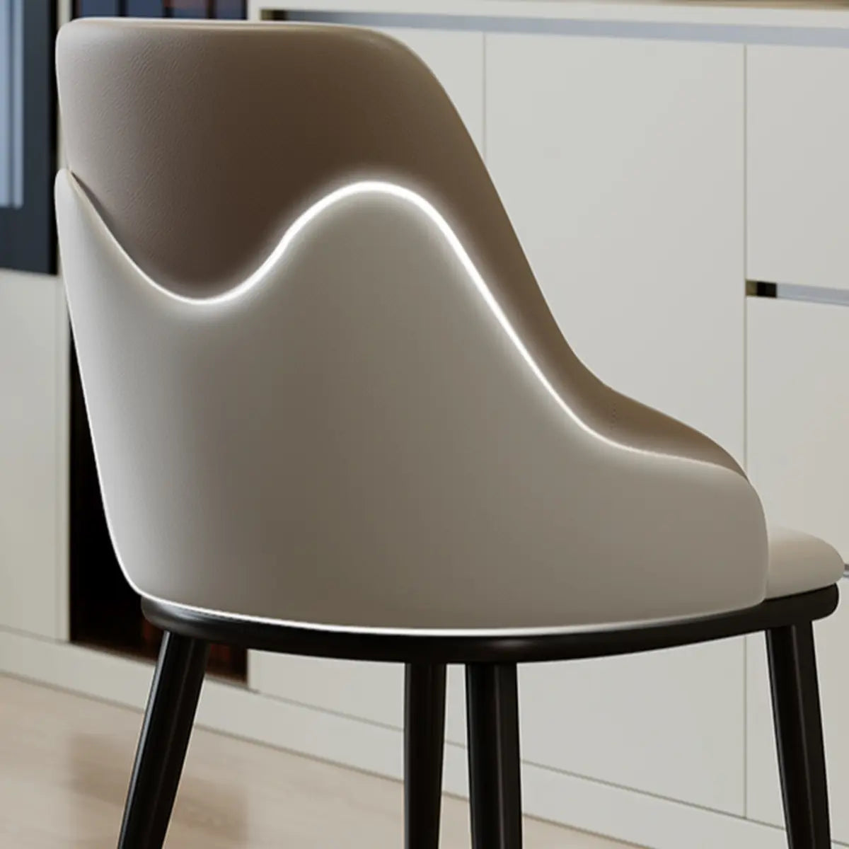 Curved Leather Cushion Armrest Dining Chair Off-White Image - 9