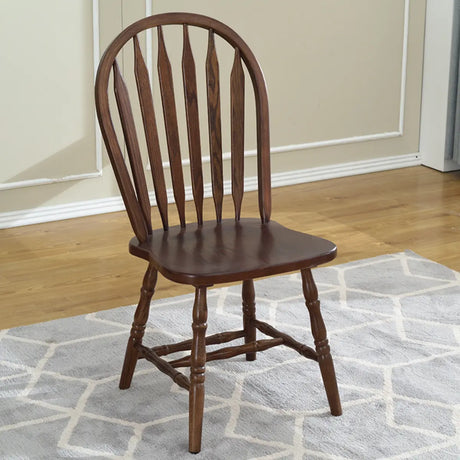 Curved Oak Slat-Back Wooden Dining Chair Walnut Finish Image - 1