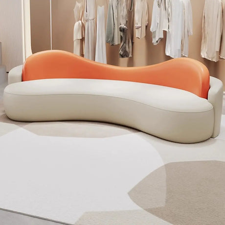 Curved White Orange Faux Leather Upholstered Back Sofa Image - 2