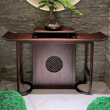 Curved Wood Dark Brown Console Table with Floor Shelf Image - 1