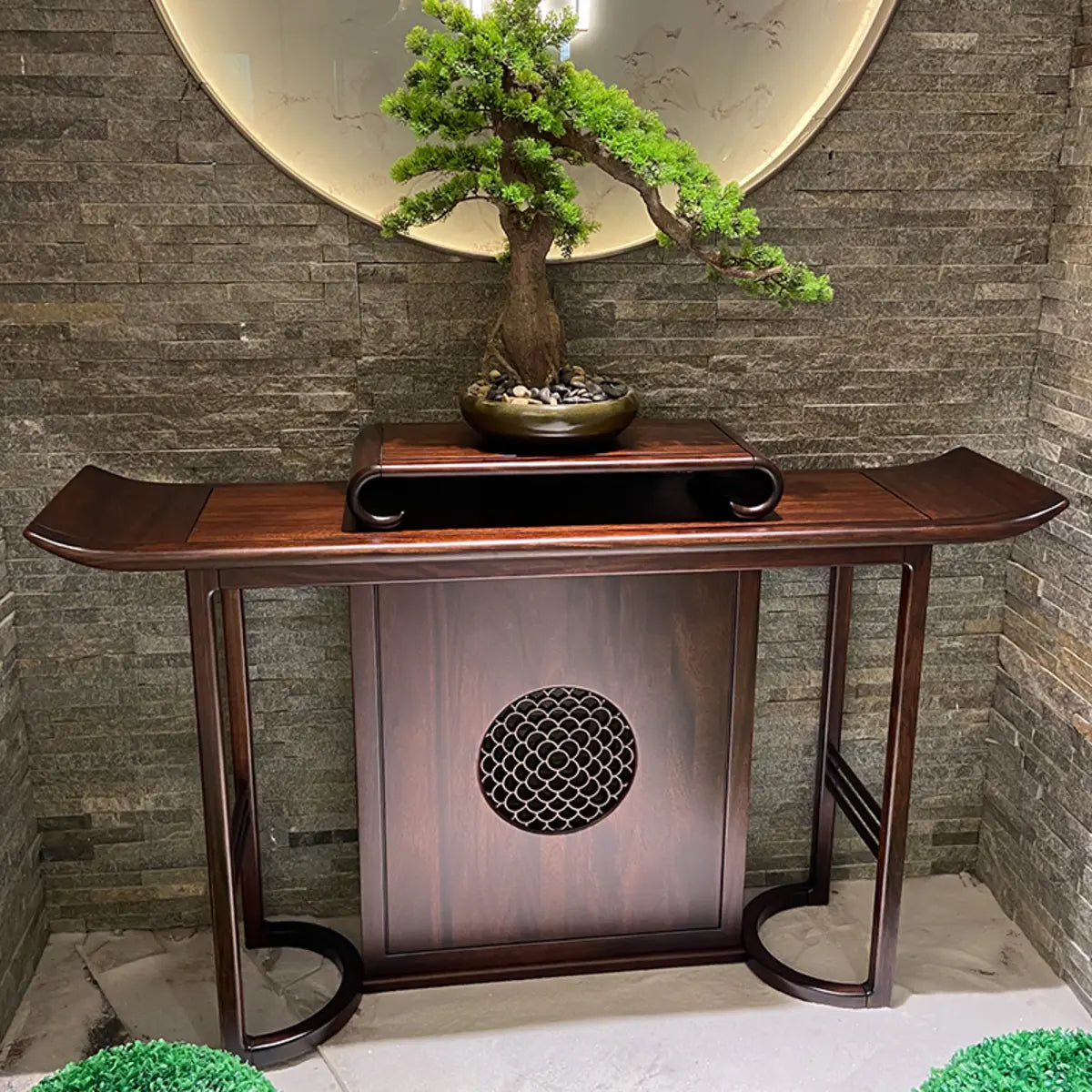 Curved Wood Dark Brown Console Table with Floor Shelf Image - 2