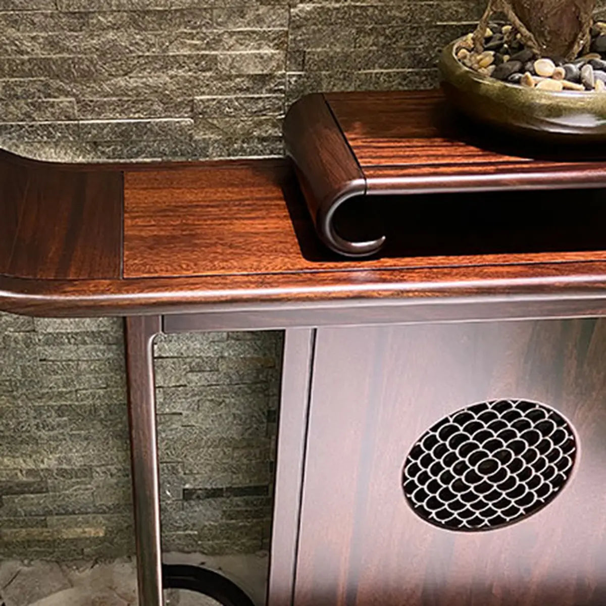 Curved Wood Dark Brown Console Table with Floor Shelf Image - 3