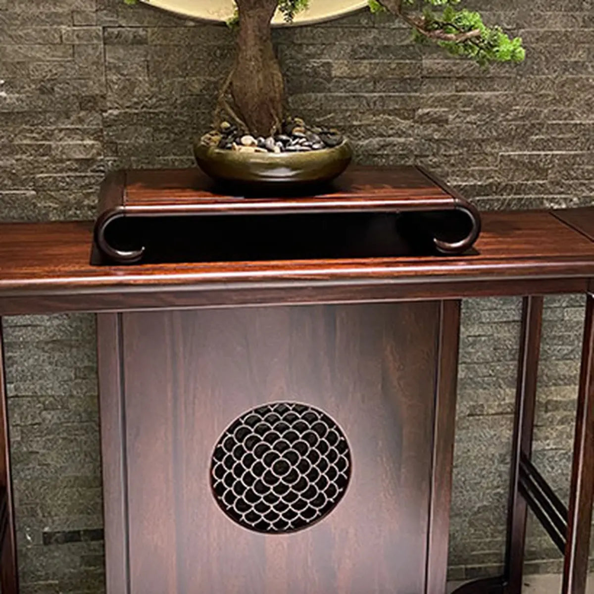 Curved Wood Dark Brown Console Table with Floor Shelf Image - 4