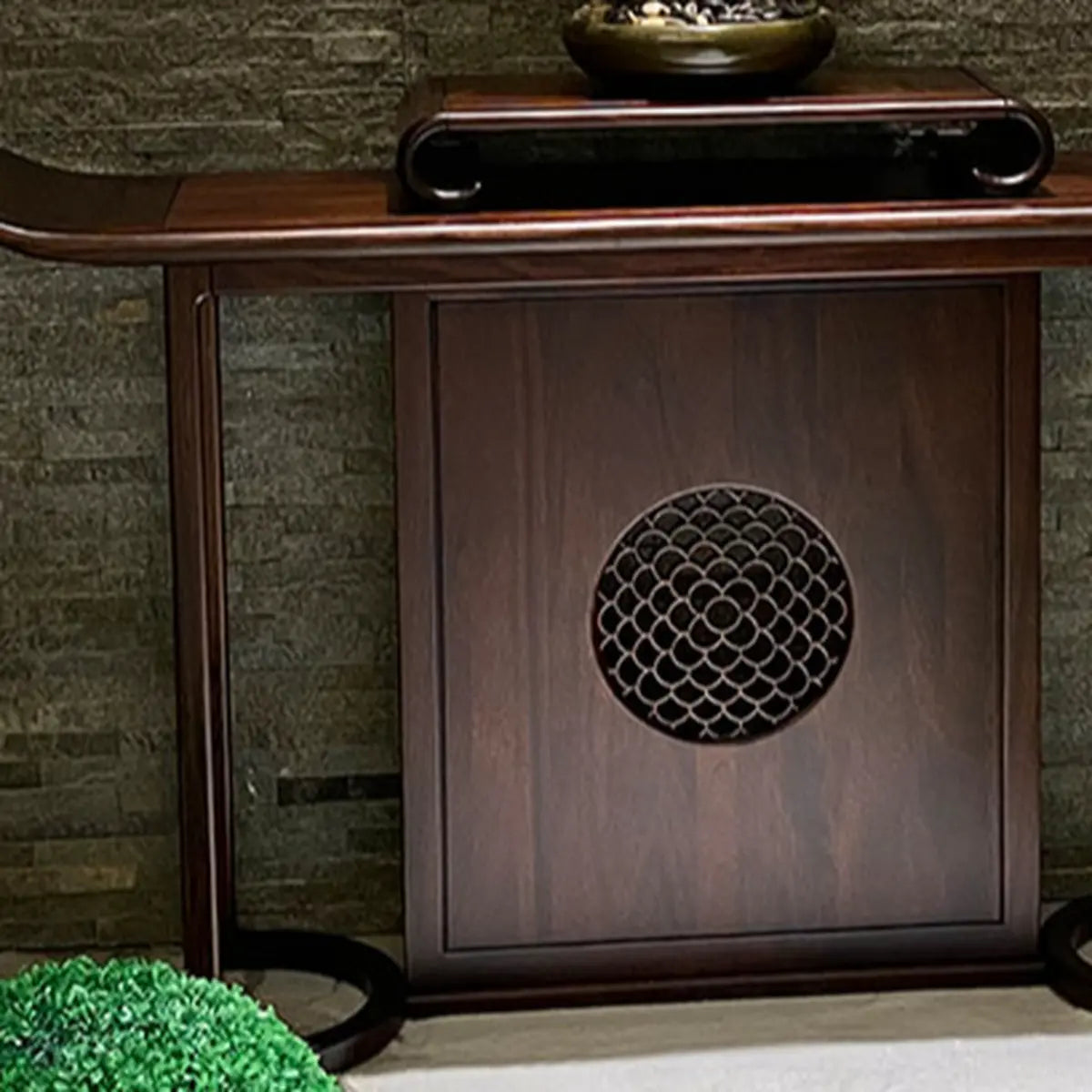 Curved Wood Dark Brown Console Table with Floor Shelf Image - 5