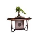 Curved Wood Dark Brown Console Table with Floor Shelf Image - 9