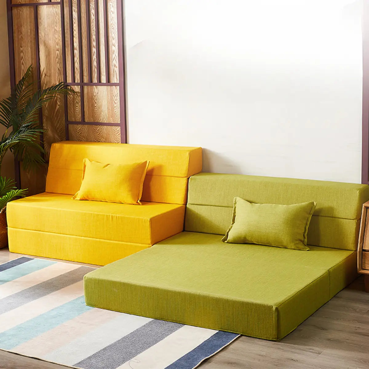 Cushion Back Armless Green King Size Fabric Futon Sofa Bed Image - 1