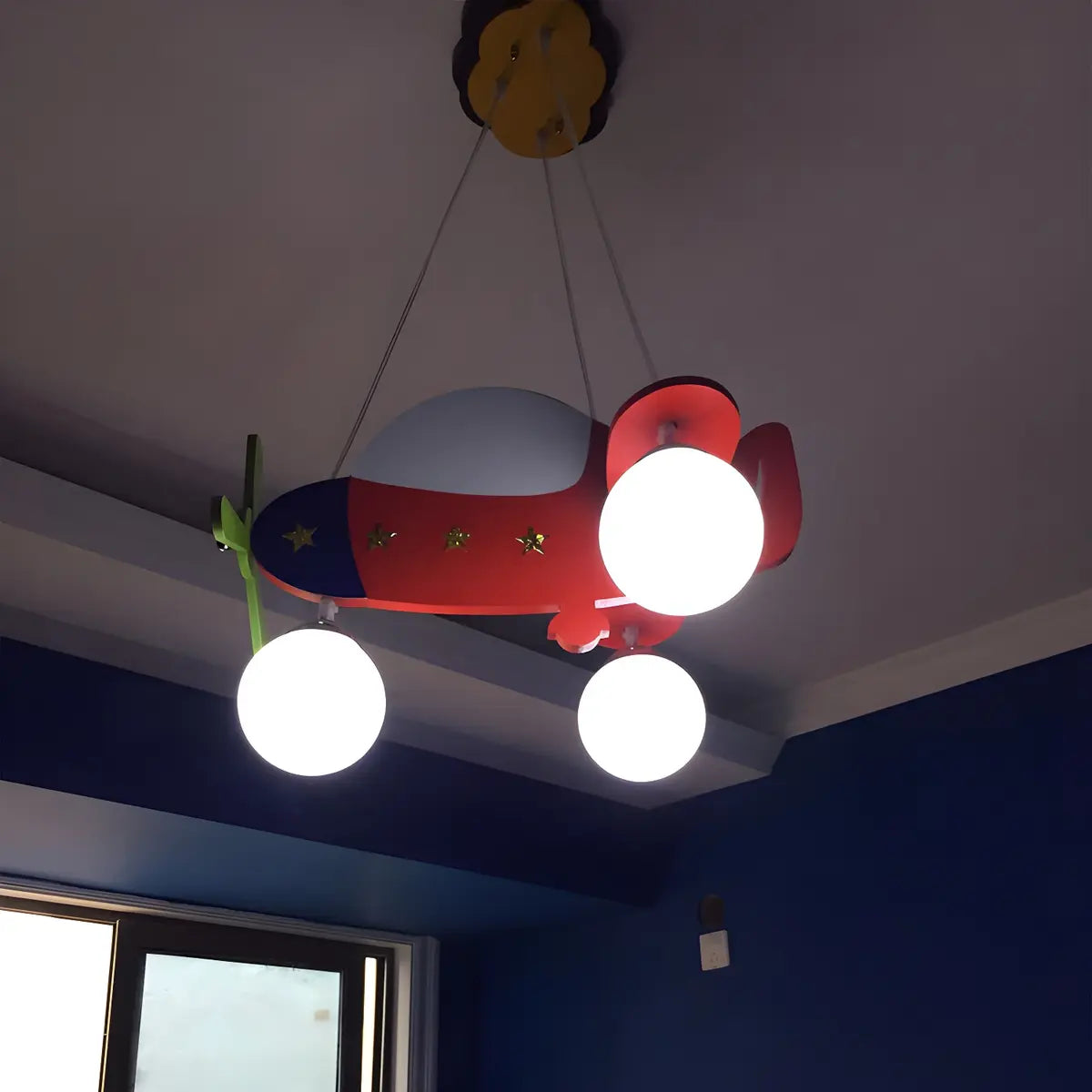 Cute Airplane Ball Wood Kids Room Red Small Chandelier Image - 2