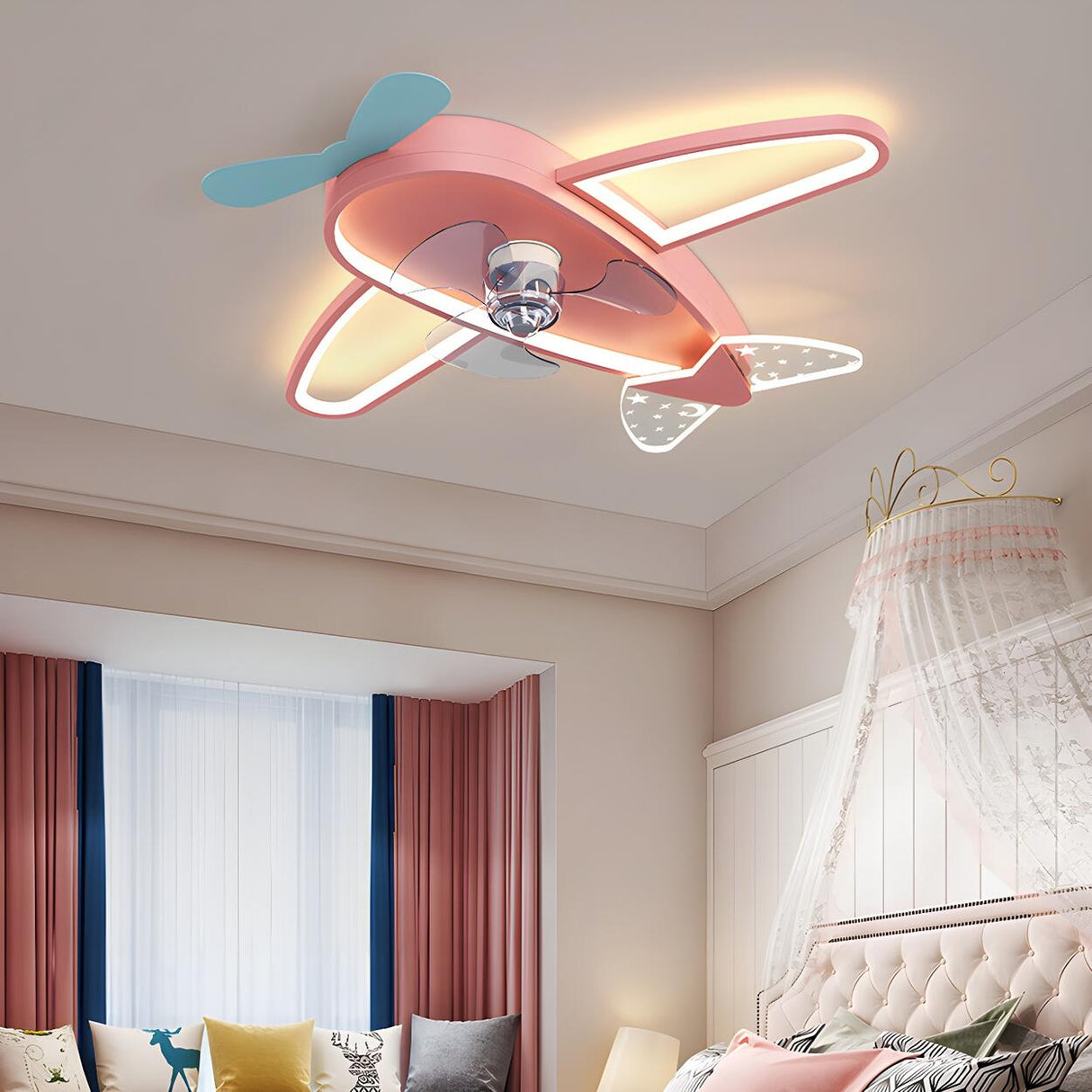 Cute Airplane Kids Room Remote Ceiling Fan with Light Image - 16