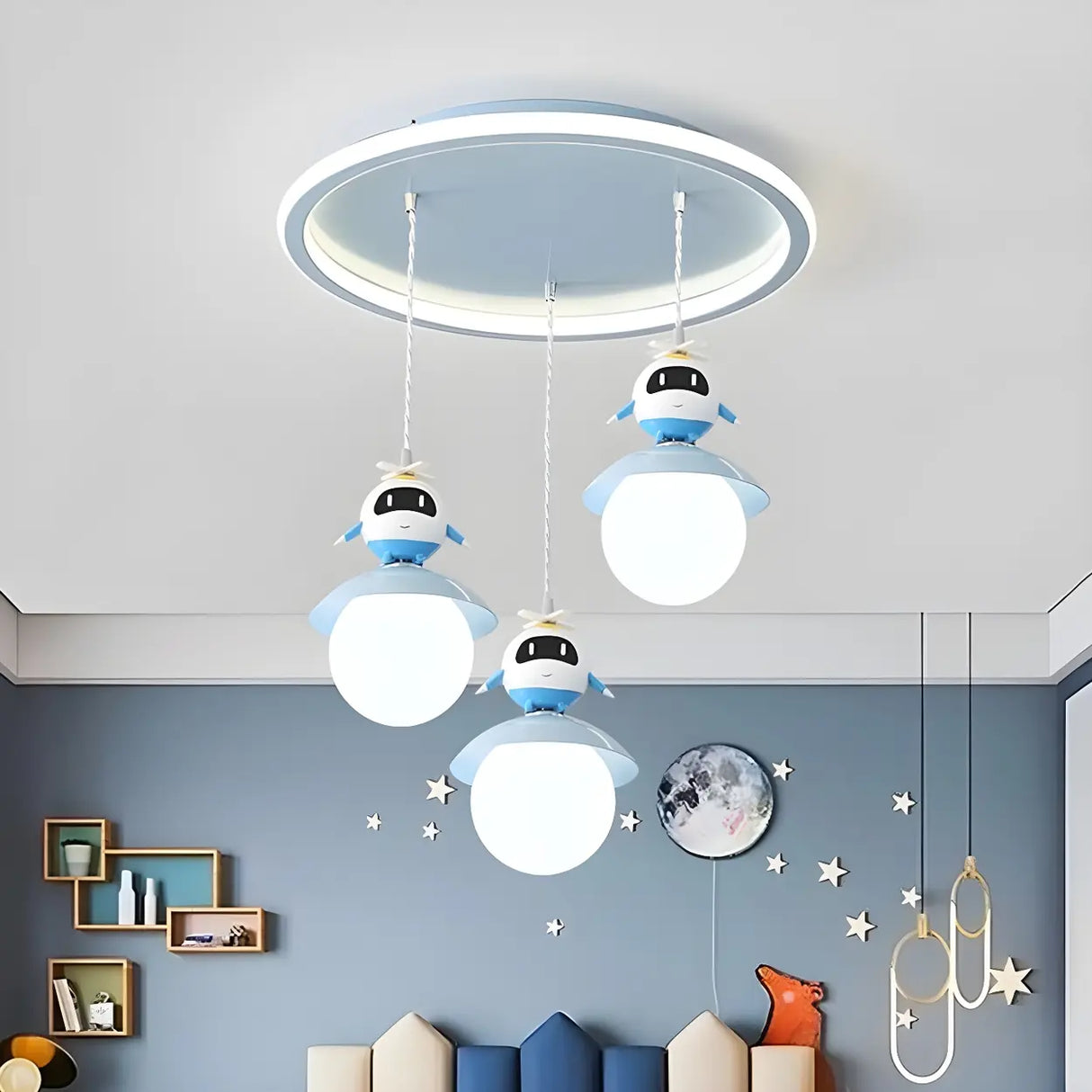 Cute Cartoon Children Room Blue Round Pendant Light Image - 1