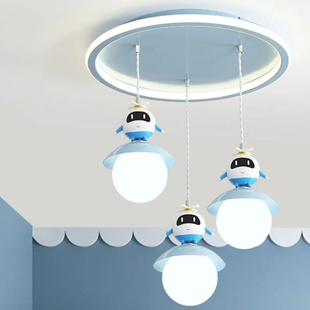 Cute Cartoon Children Room Blue Round Pendant Light Image - 2