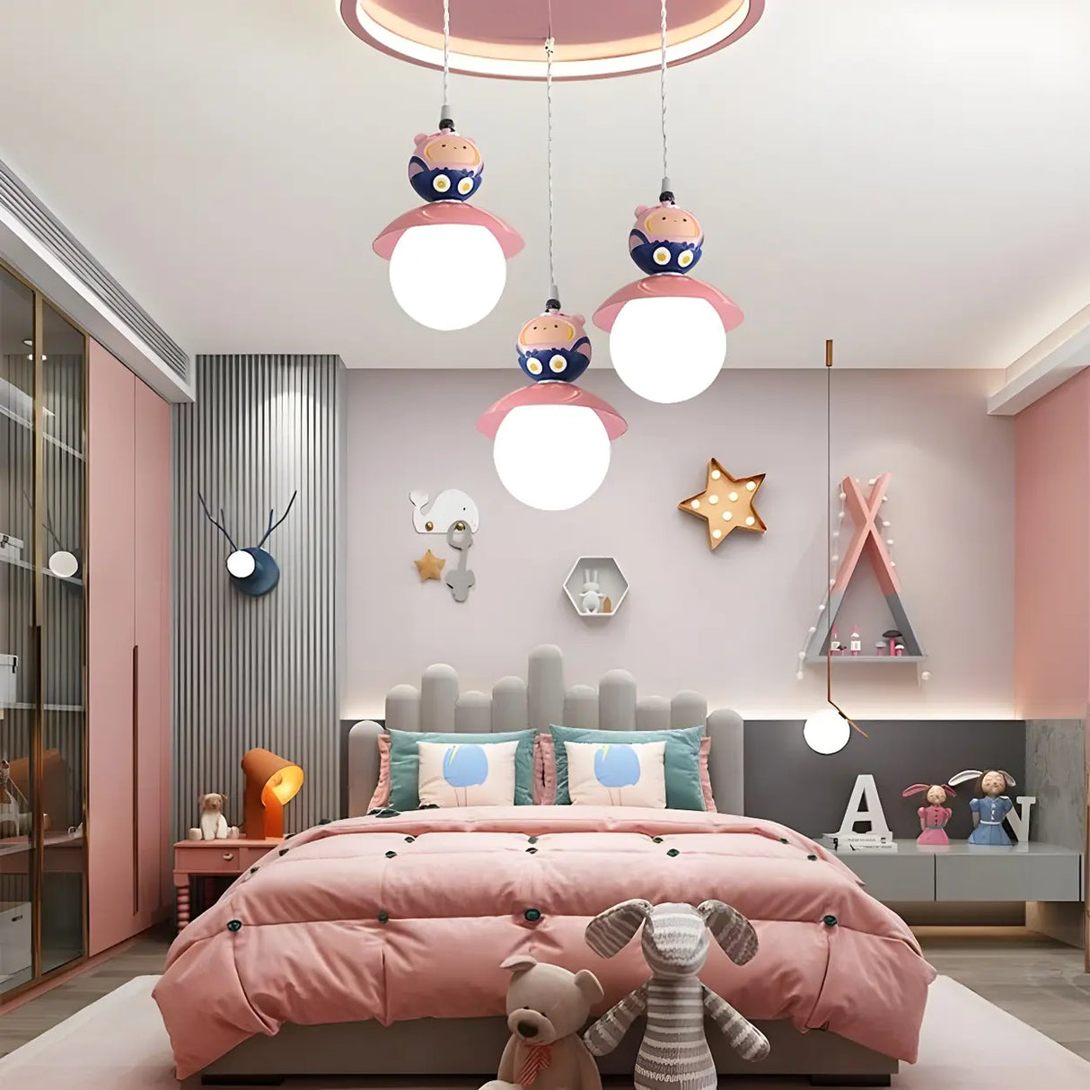 Cute Cartoon Children Room Blue Round Pendant Light Image - 3