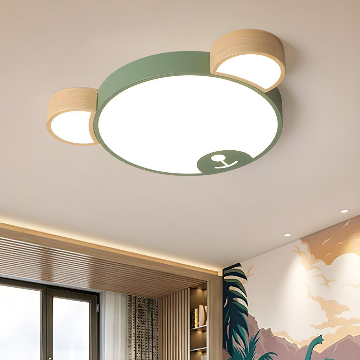 Cute Green Wood Bear Head LED Flush Mount Ceiling Light Image - 1