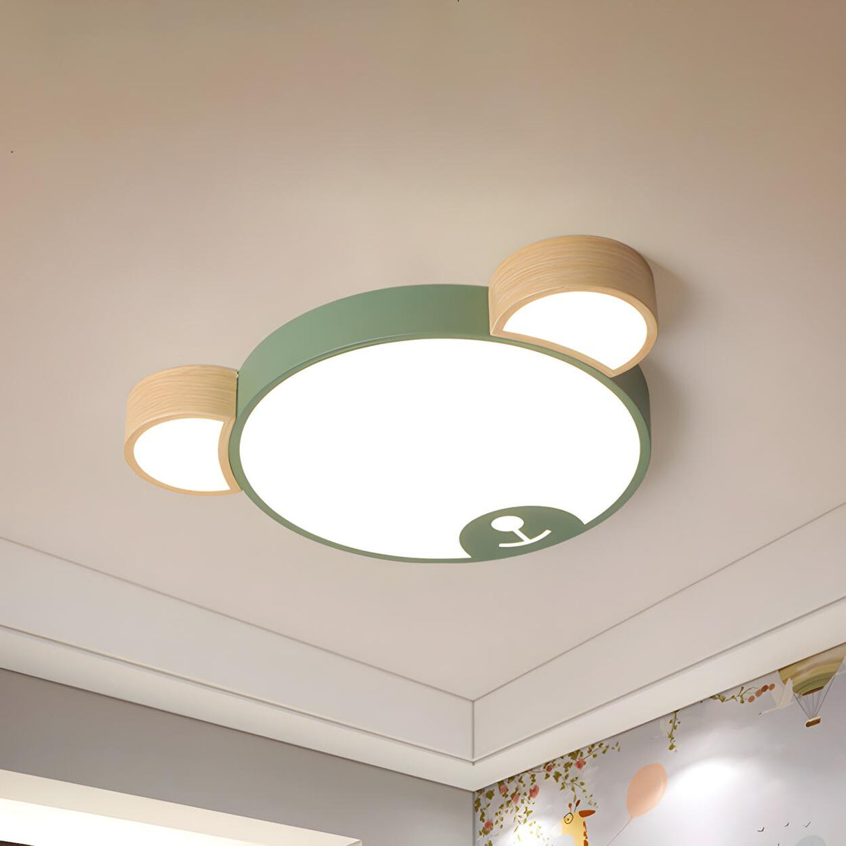 Cute Green Wood Bear Head LED Flush Mount Ceiling Light Image - 2