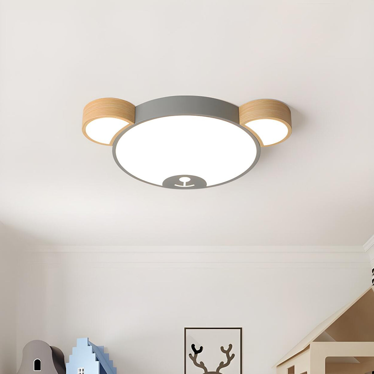 Cute Green Wood Bear Head LED Flush Mount Ceiling Light Image - 7