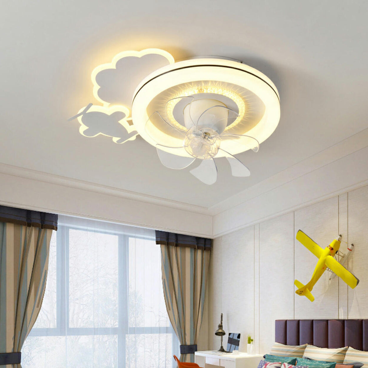 Cute Kids Room 7 Blade Crown Round Ceiling Fan Light Image - 4