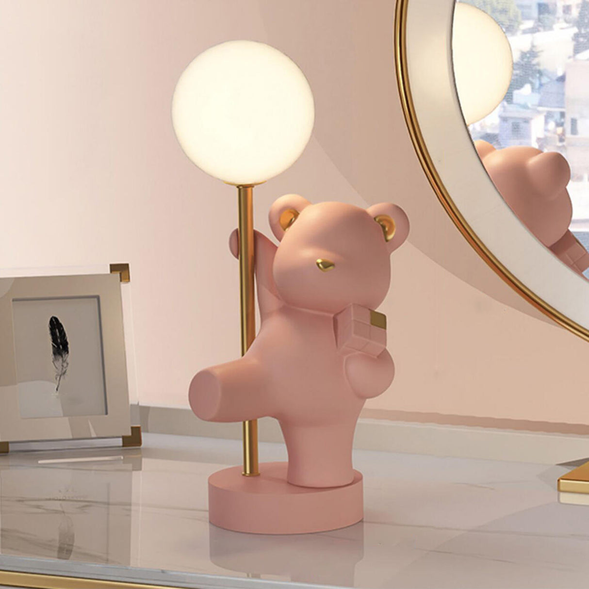 Cute Pink Bear Resin Table Lamp with Dimming Switch Image - 13