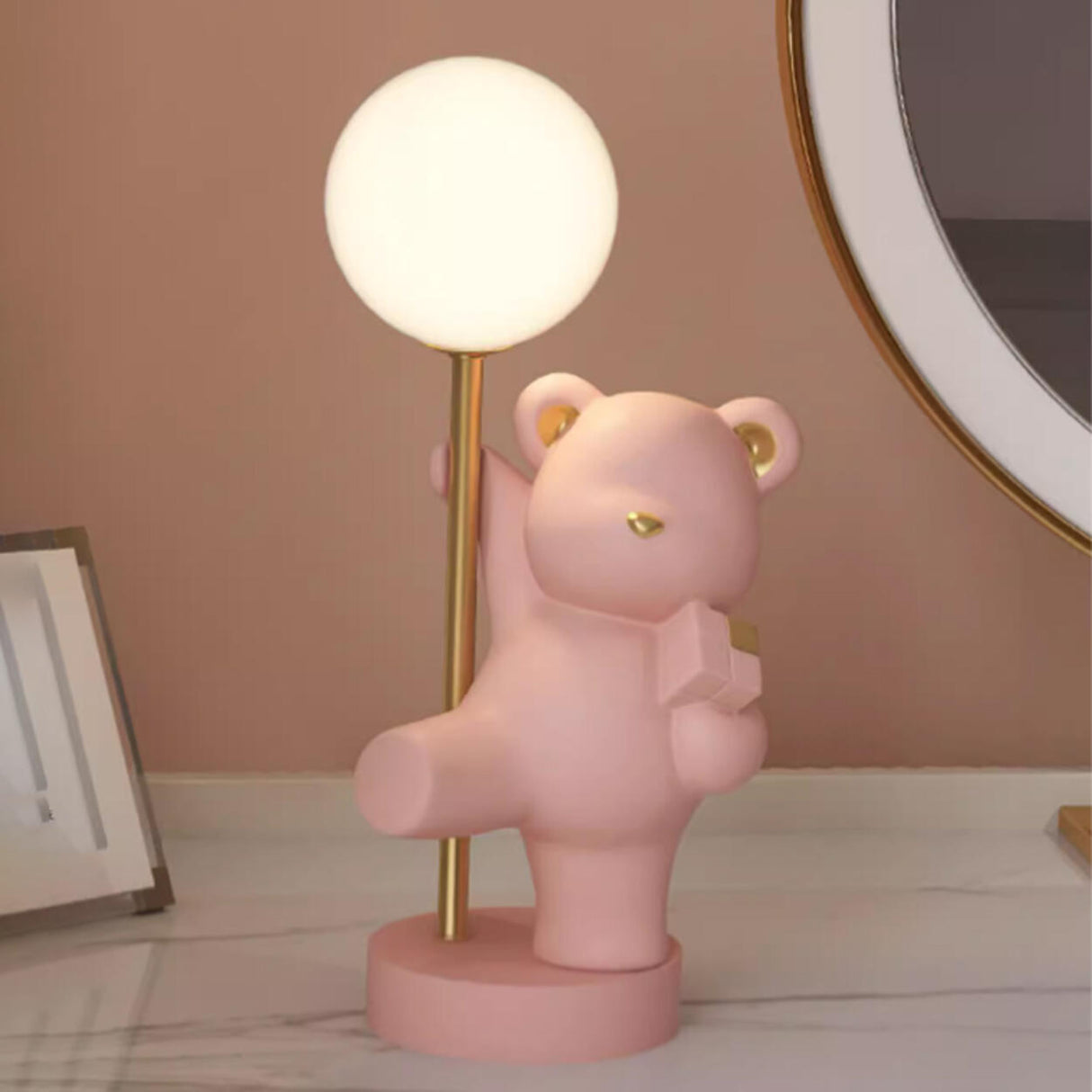 Cute Pink Bear Resin Table Lamp with Dimming Switch Image - 14