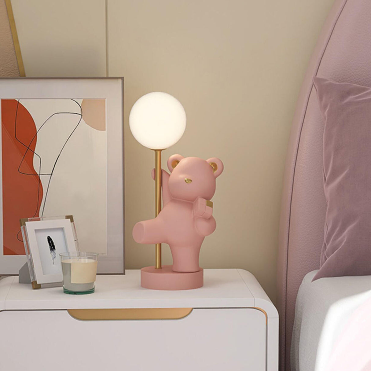 Cute Pink Bear Resin Table Lamp with Dimming Switch Image - 15