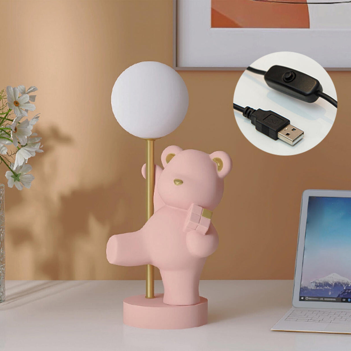 Cute Pink Bear Resin Table Lamp with Dimming Switch Image - 17