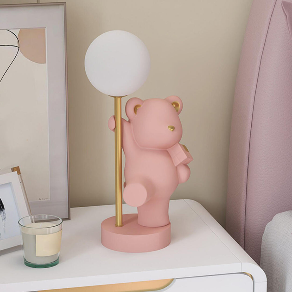 Cute Pink Bear Resin Table Lamp with Dimming Switch Image - 18