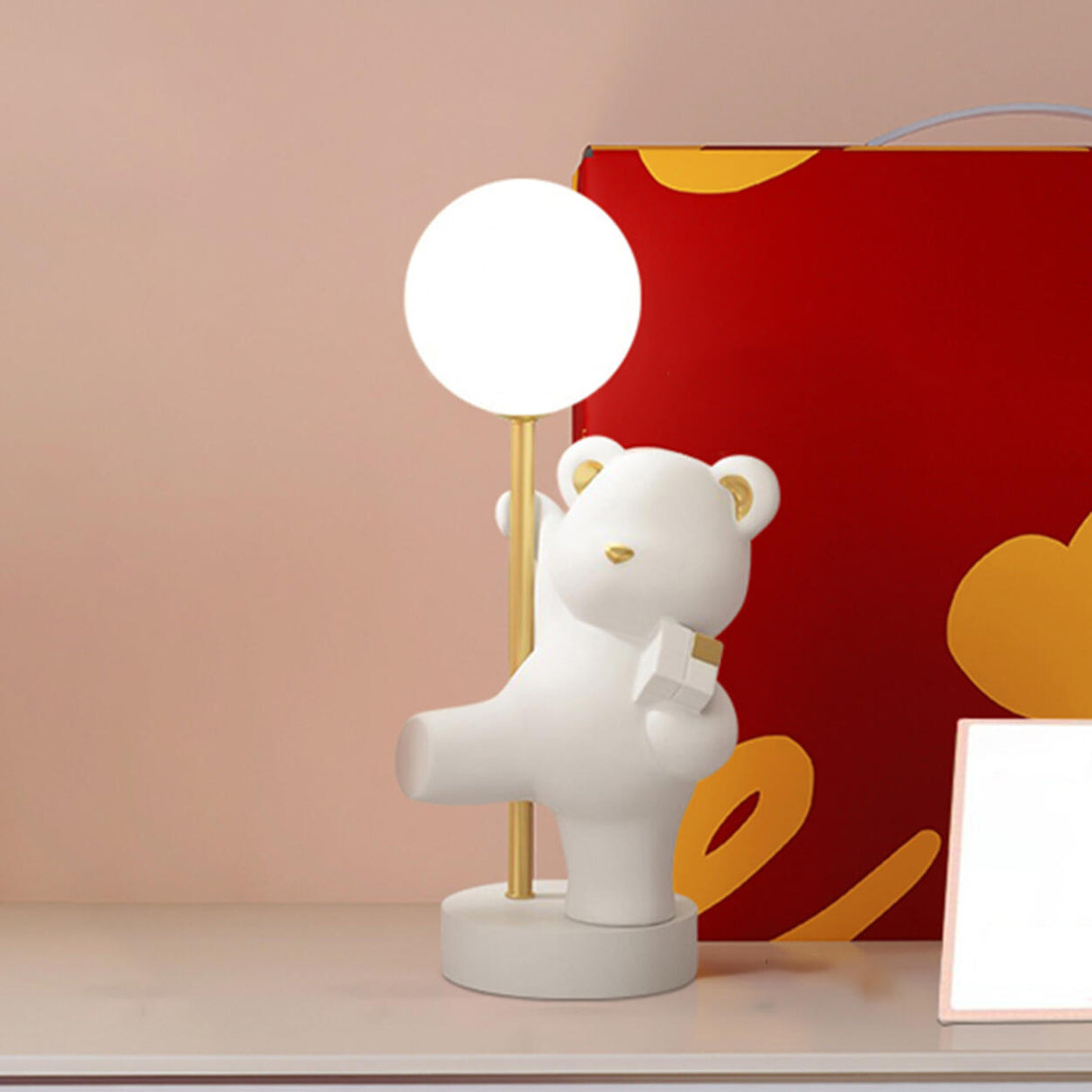 Cute Pink Bear Resin Table Lamp with Dimming Switch Image - 5