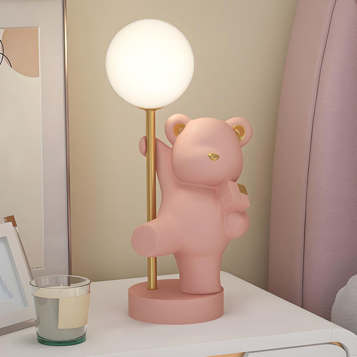 Cute Pink Bear Resin Table Lamp with Dimming Switch Image - 6