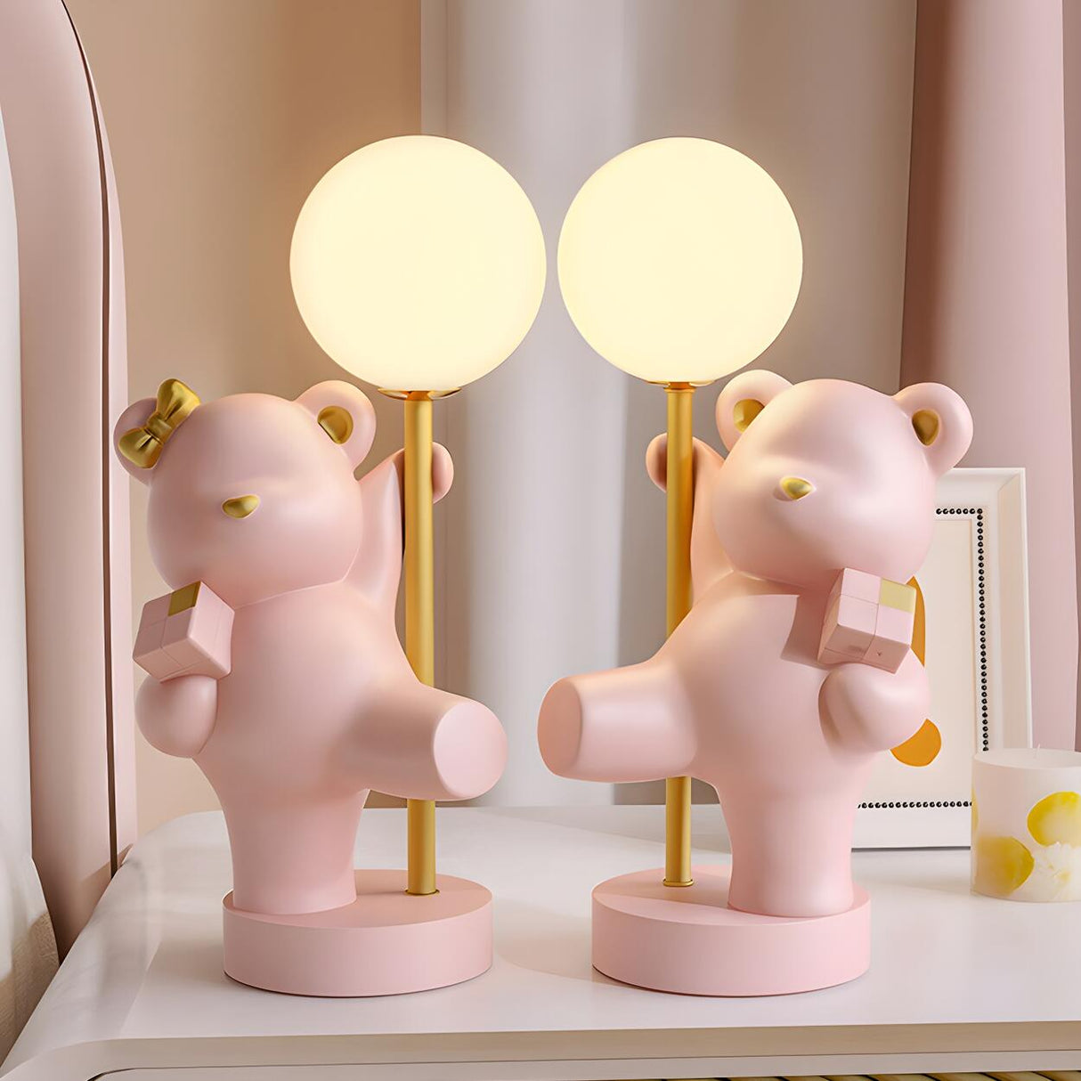 Cute Pink Bear Resin Table Lamp with Dimming Switch Image - 8