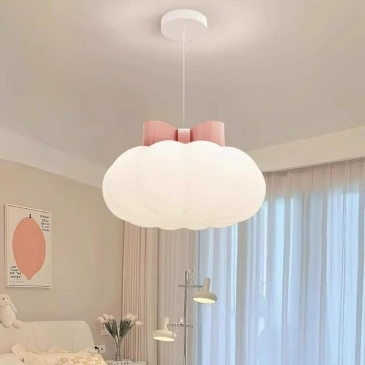 Cute Pink Bow White Cloud Acrylic Bedroom Pendant Light Image - 1