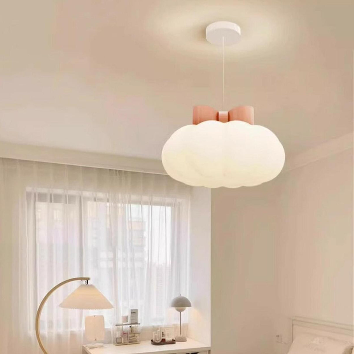 Cute Pink Bow White Cloud Acrylic Bedroom Pendant Light Image - 9