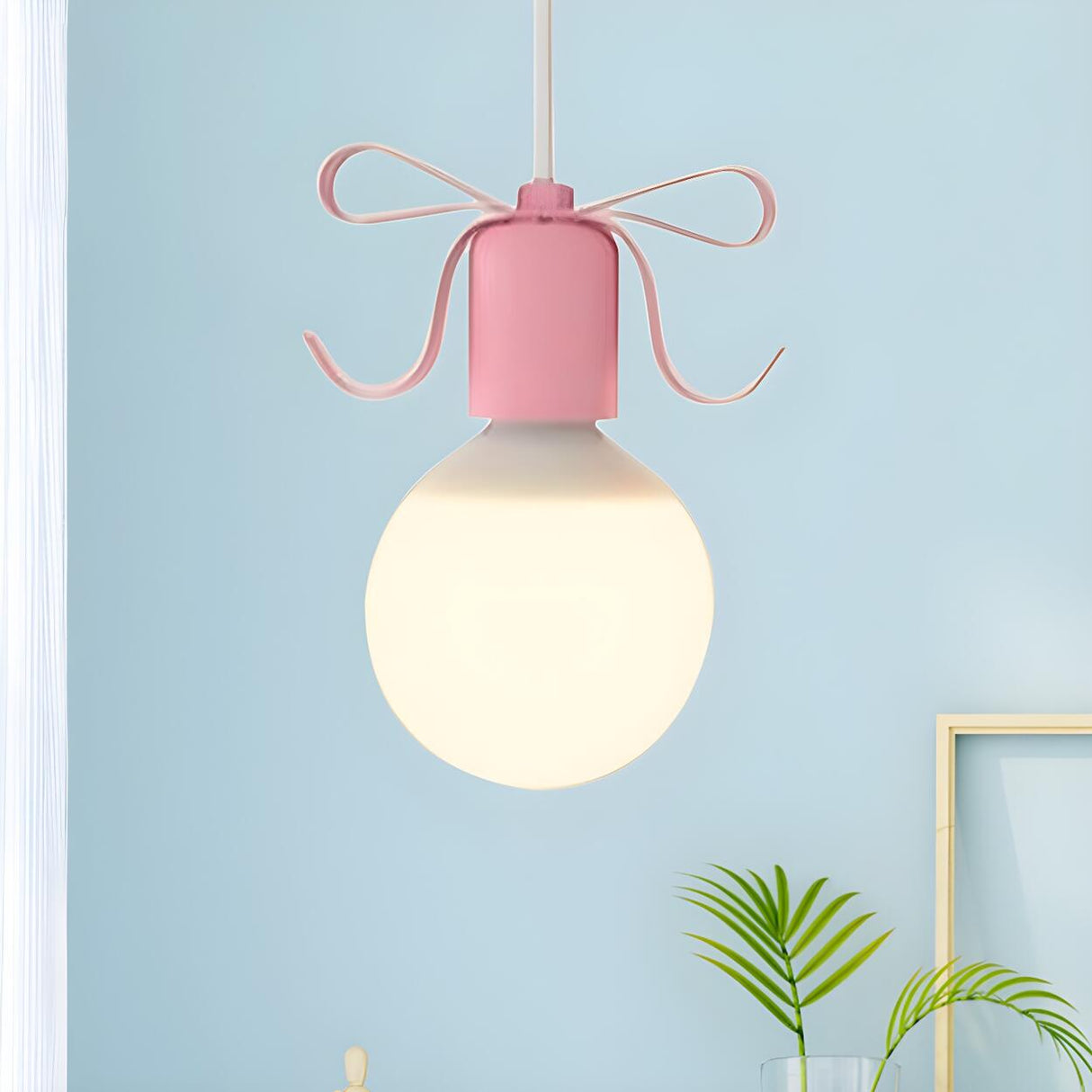 Cute Pink Bow White Globe Children Room Pendant Light Image - 1