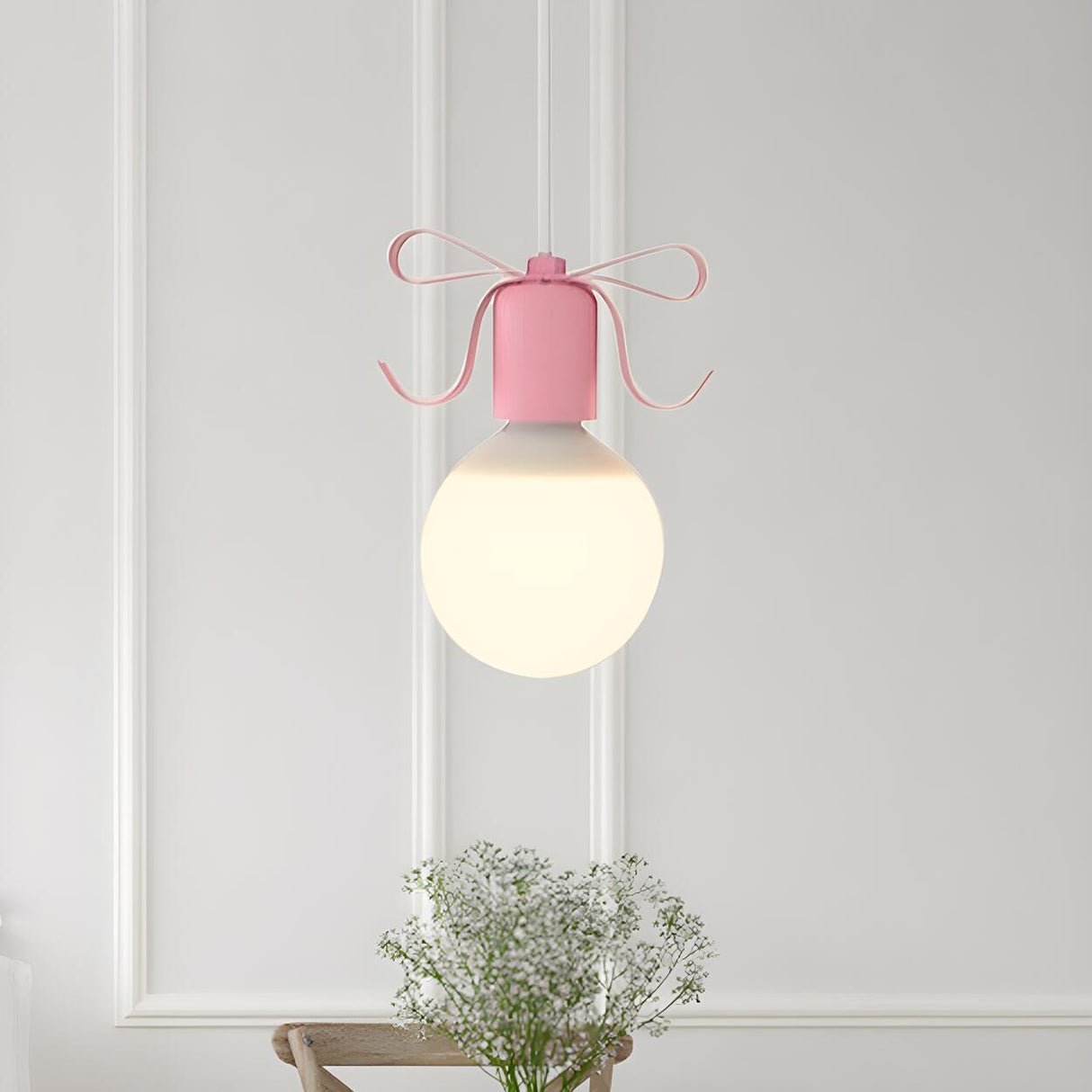 Cute Pink Bow White Globe Children Room Pendant Light Image - 2