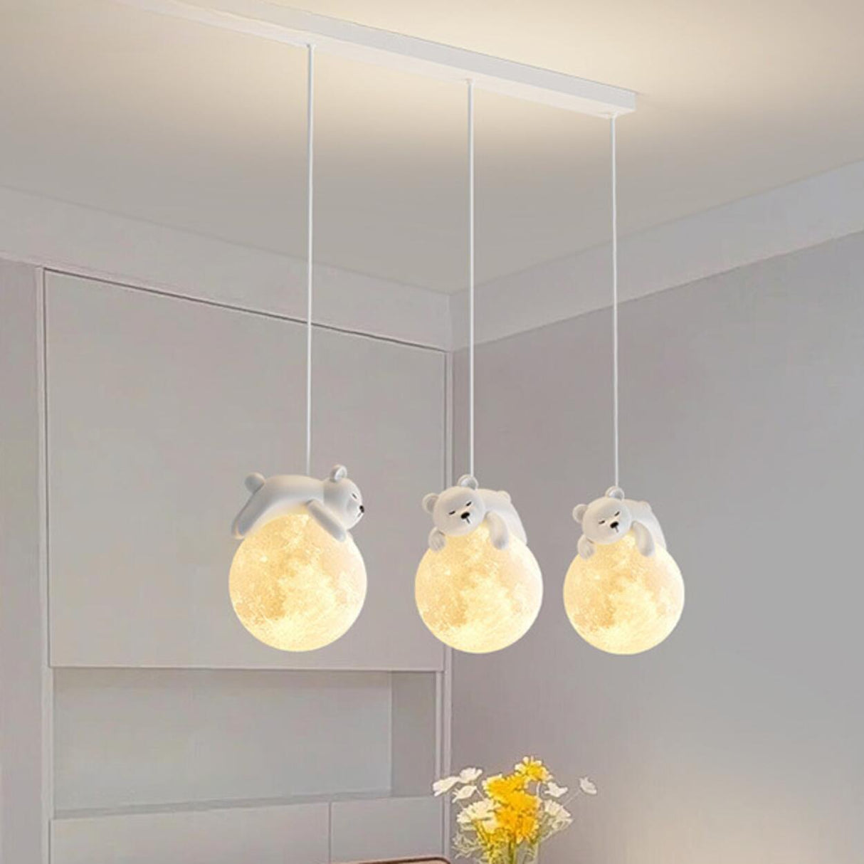 Cute White Bear and Moon LED Island Pendant Light Image - 1