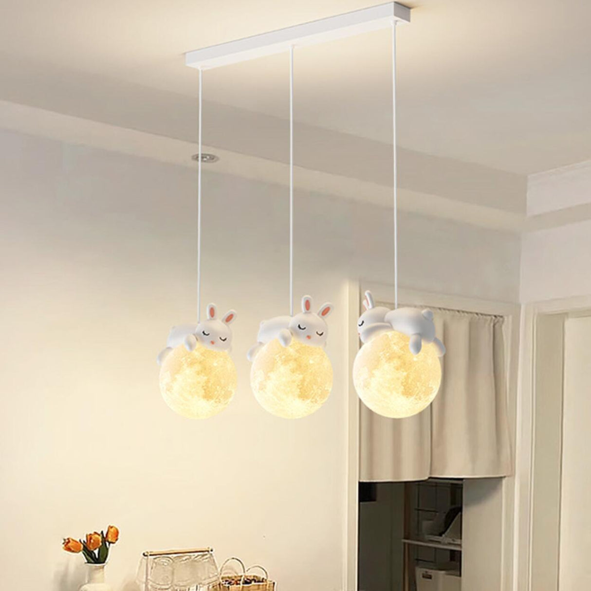 Cute White Bear and Moon LED Island Pendant Light Image - 2