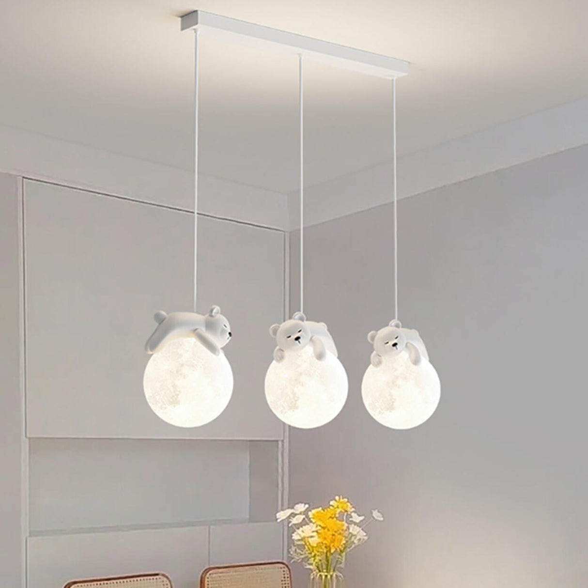 Cute White Bear and Moon LED Island Pendant Light Image - 3