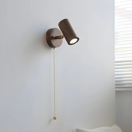 Cylinder Brown Solid Wood Reading Wall Light with Pull Chain Image - 1