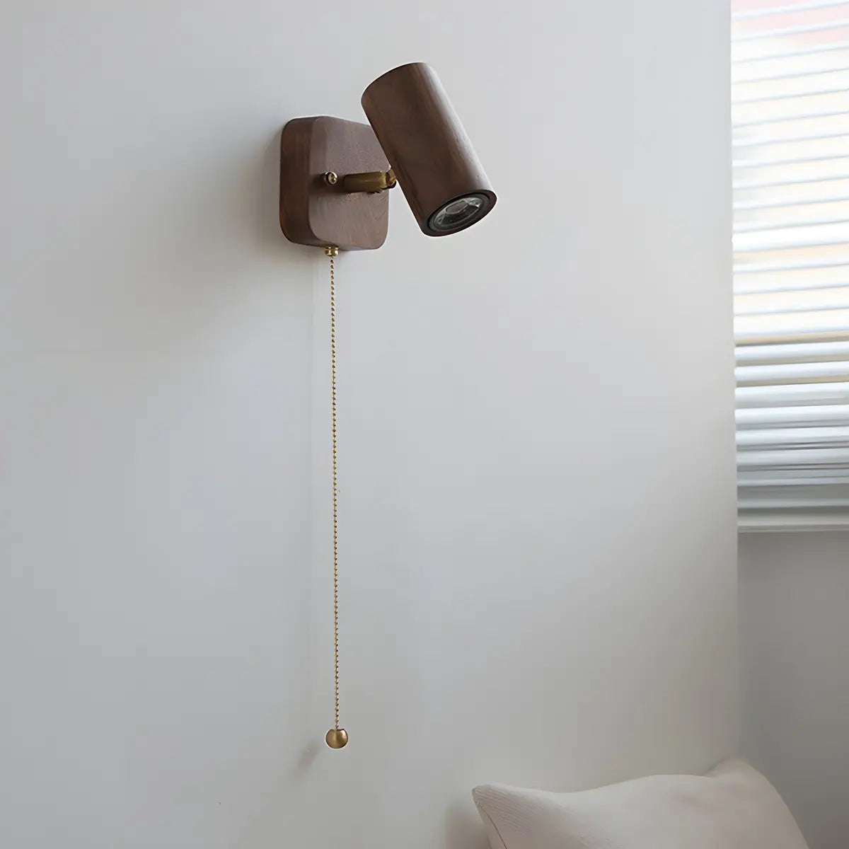 Cylinder Brown Solid Wood Reading Wall Light with Pull Chain Image - 12