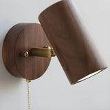 Cylinder Brown Solid Wood Reading Wall Light with Pull Chain Image - 9