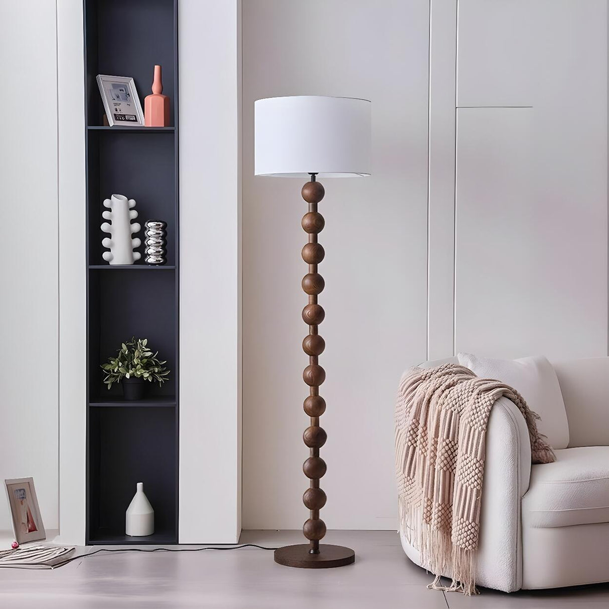 Cylinder Hugo Barbell Wooden Textured Floor Lamp Image - 9