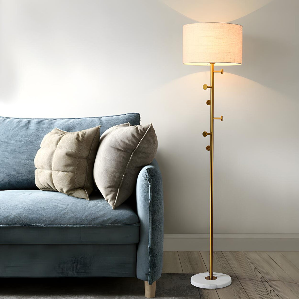 Cylinder Stylish Gold Floor Lamp with Marble Base Image - 1