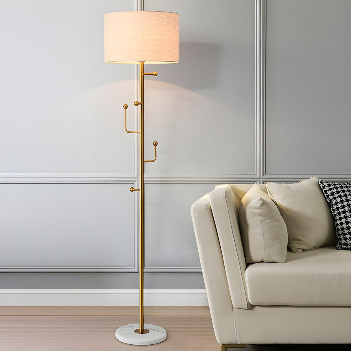 Cylinder Stylish Gold Floor Lamp with Marble Base Image - 5